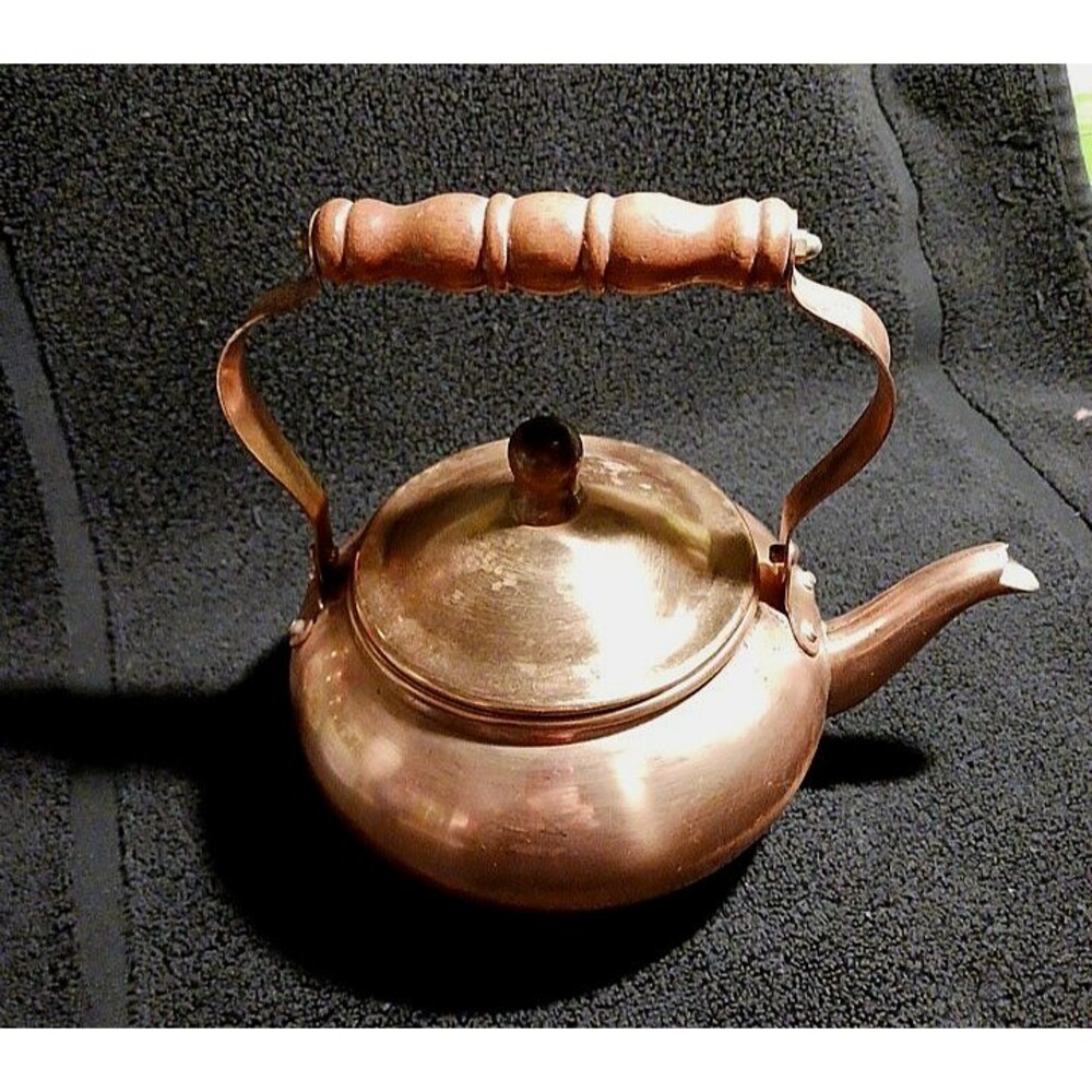 Charming Antique Copper Teapot with Turned Wood Handle